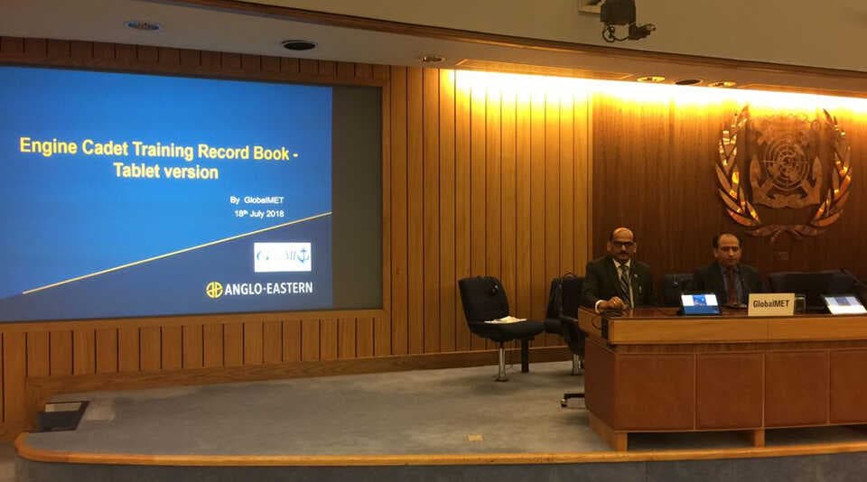 July 2018 - GlobalMET and MarinePALS showcased a tablet based Engine Cadet record Book to IMO members. The tablet replaces the bulky paper book and also contains helpful videos and documents that the cadet can view and be guided by.