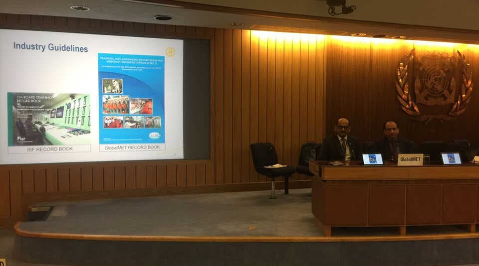 July 2018 - GlobalMET and MarinePALS showcased a tablet based Engine Cadet record Book to IMO members. The tablet replaces the bulky paper book and also contains helpful videos and documents that the cadet can view and be guided by.