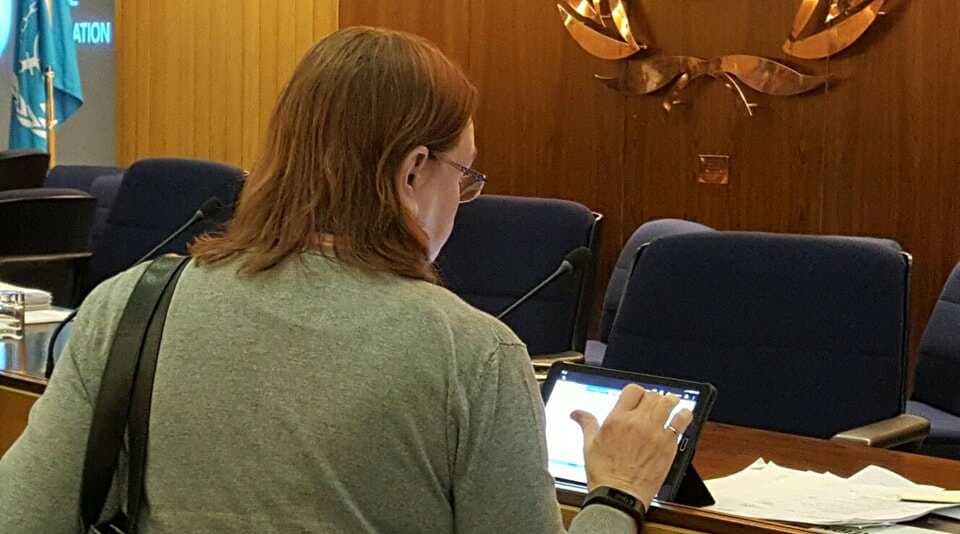 A delegate at the IMO using the GlobalMET SSTP. The electronic SSTP consists of extensive literature and videos loaded on a tablet that is given to each cadet. GlobalMET actively participates at the IMO and is in several IMO subcommittees.