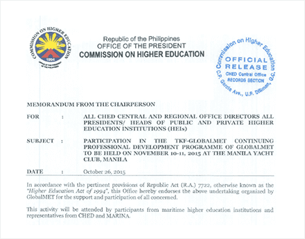 The CHED memorandum on GlobalMET’s participation.
